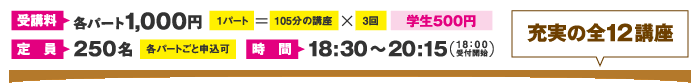 受講料：各パート1,000円（学生500円）・定員：250名・時間：18時半から20時15分（18時受付開始）