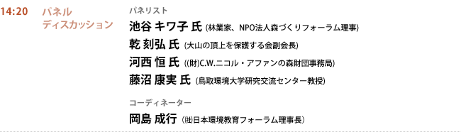 14:20 パネルディスカッション
パネリスト
池谷 キワ子 氏  (林業家、NPO法人森づくりフォーラム理事)
乾 刻弘 氏  (大山の頂上を保護する会副会長)
河西 恒 氏  ((財)C.W.ニコル・アファンの森財団事務局)
藤沼 康実 氏  (鳥取環境大学研究交流センター教授)
コーディネーター
岡島 成行（(社)日本環境教育フォーラム理事長）